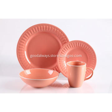 16 Pieces Embossed Stoneware Dinnerware Set Pink